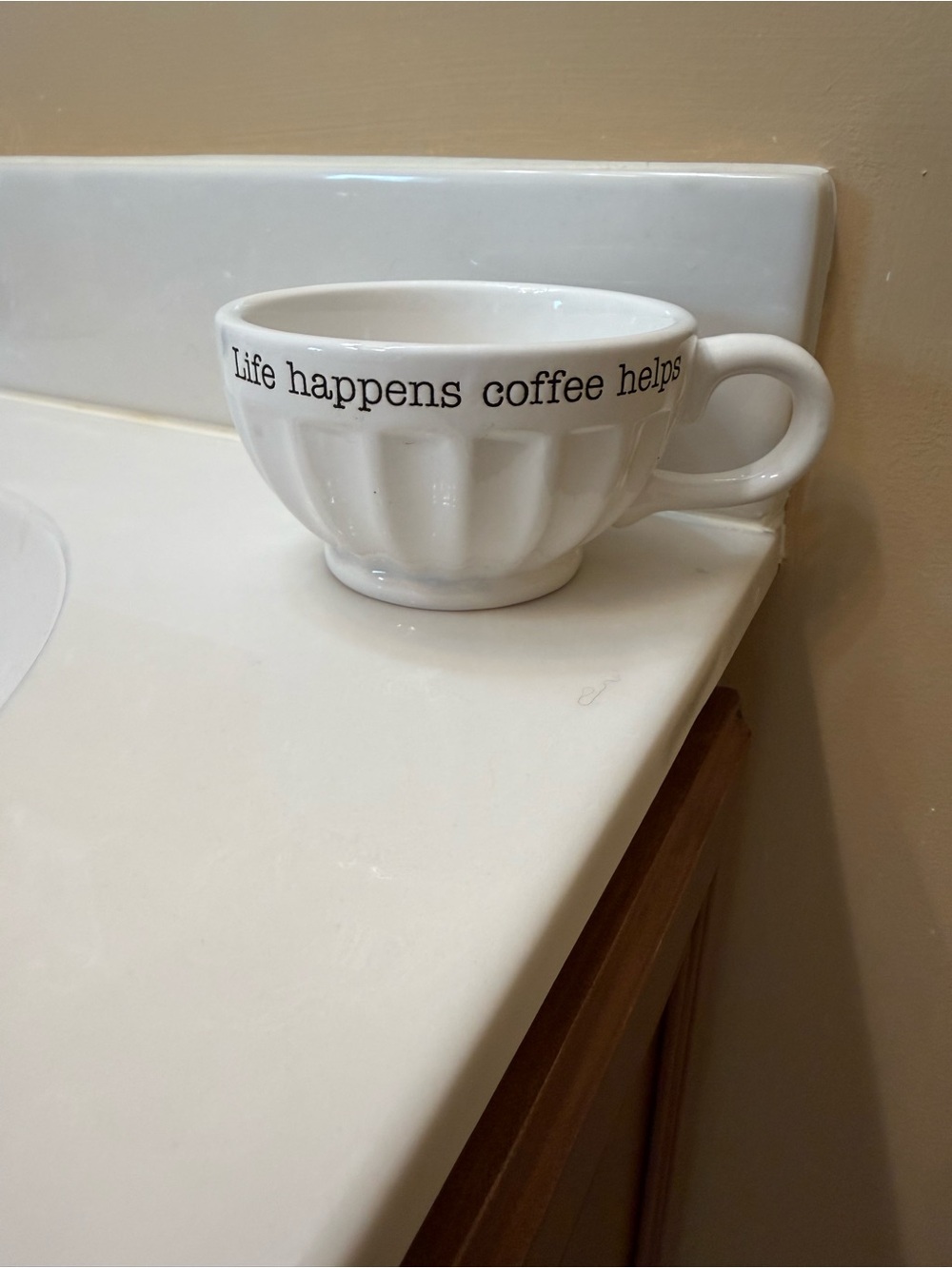 Mud Pie White Ceramic Mug with 'Life happens coffee helps' Script